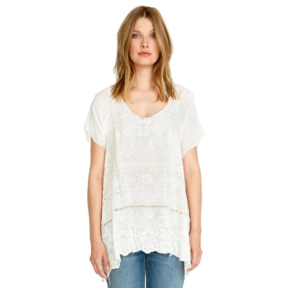 Johnny Was Sutera Lace Tunic Top Womens Size S Handkerchief Hem Cottagecore Boho